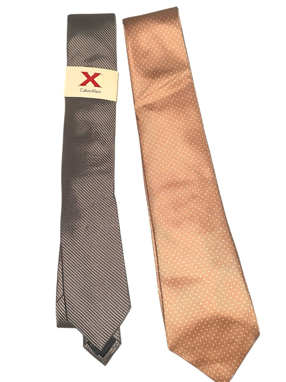 Calvin Klein Gray Striped and Tan Dot Silk Ties - Set of 2